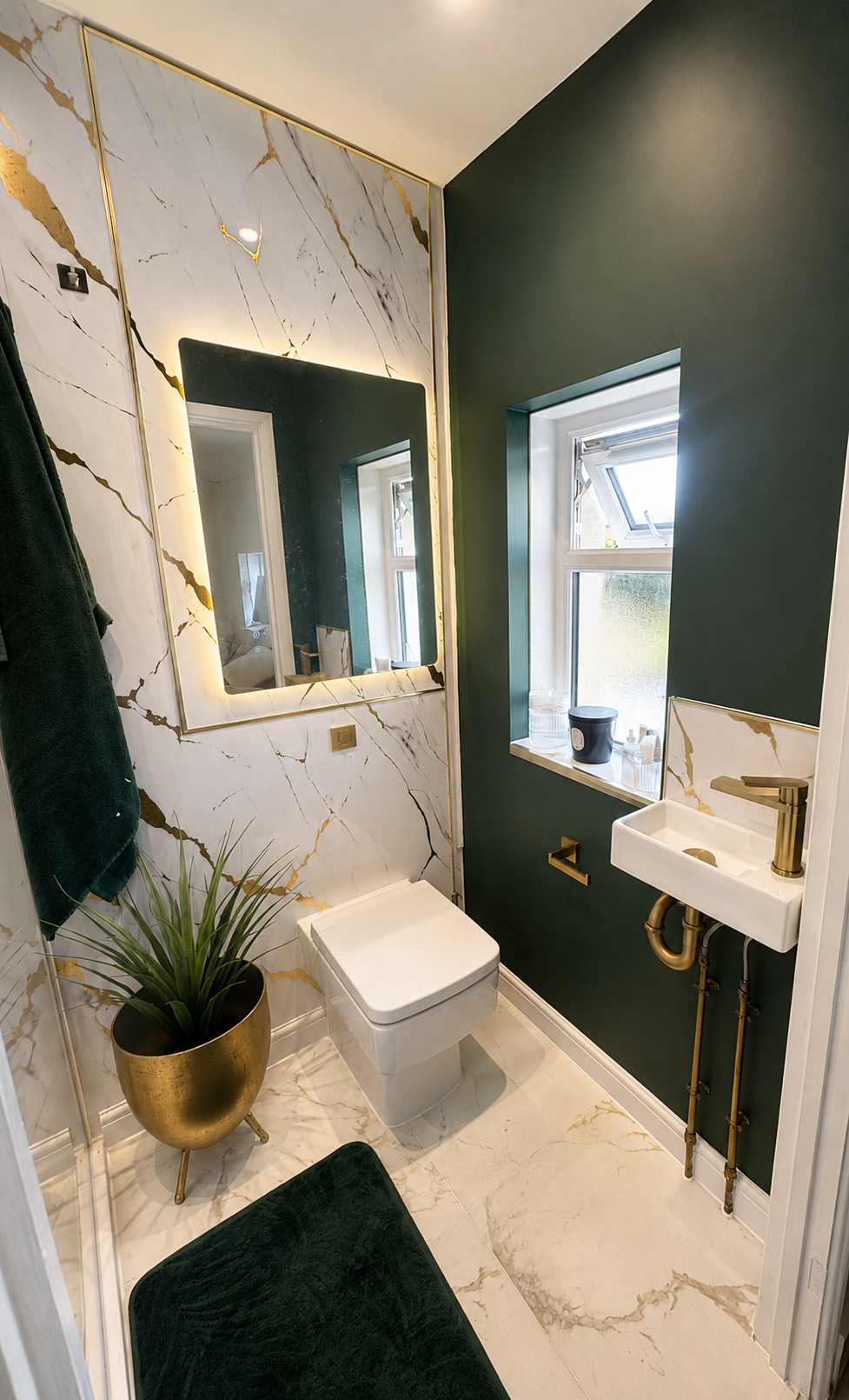 Finished luxury bathroom renovation in Billericay with dark green feature wall, brushed brass fittings and marble-effect panels