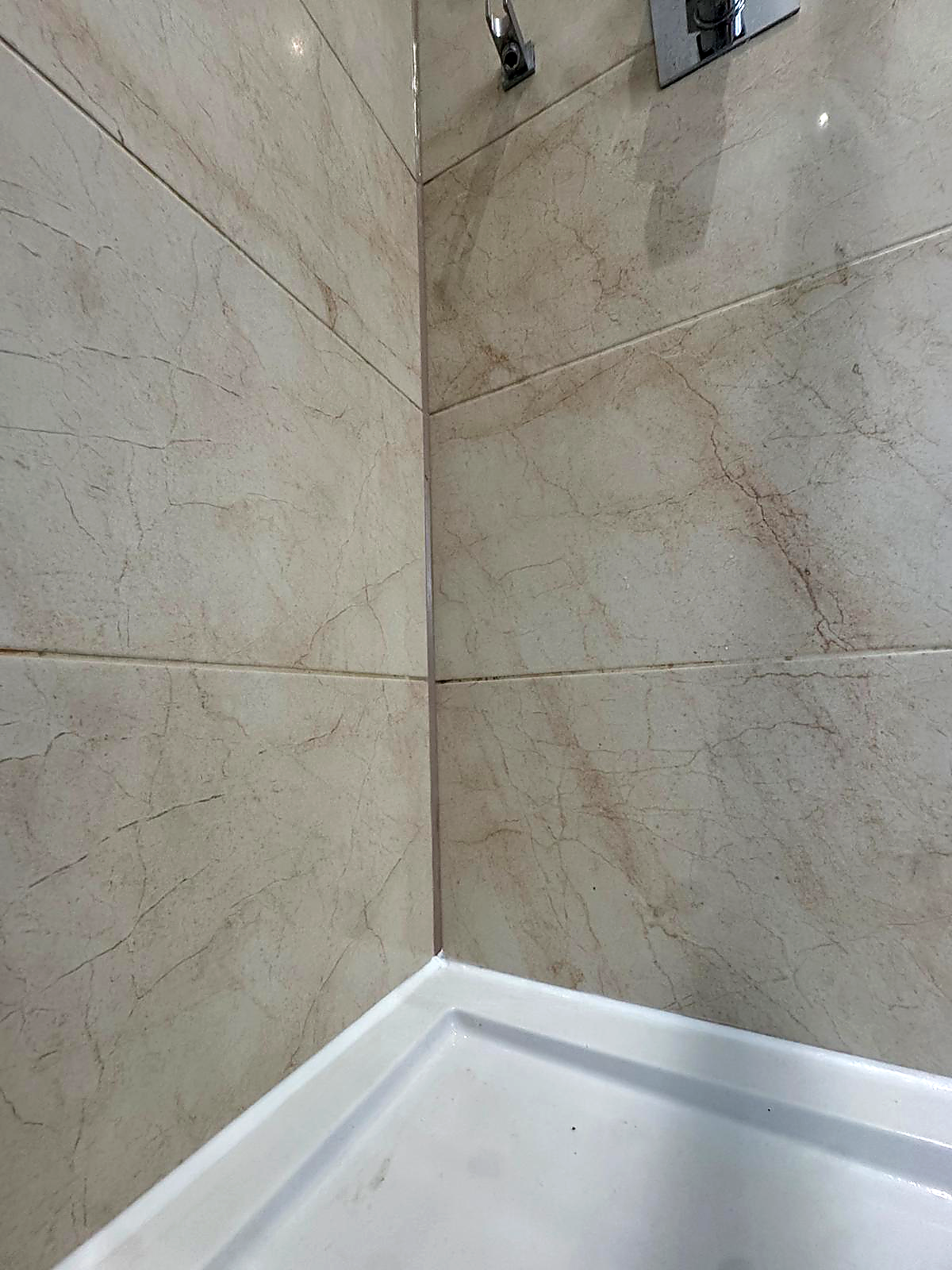 Colour-matched beige silicone applied in the shower corner to match the tile in Ongar