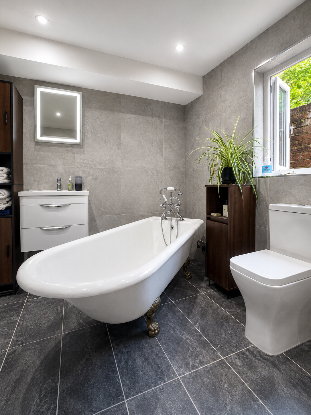 Completed original Victorian roll top bath installation in a bespoke Brentwood bathroom